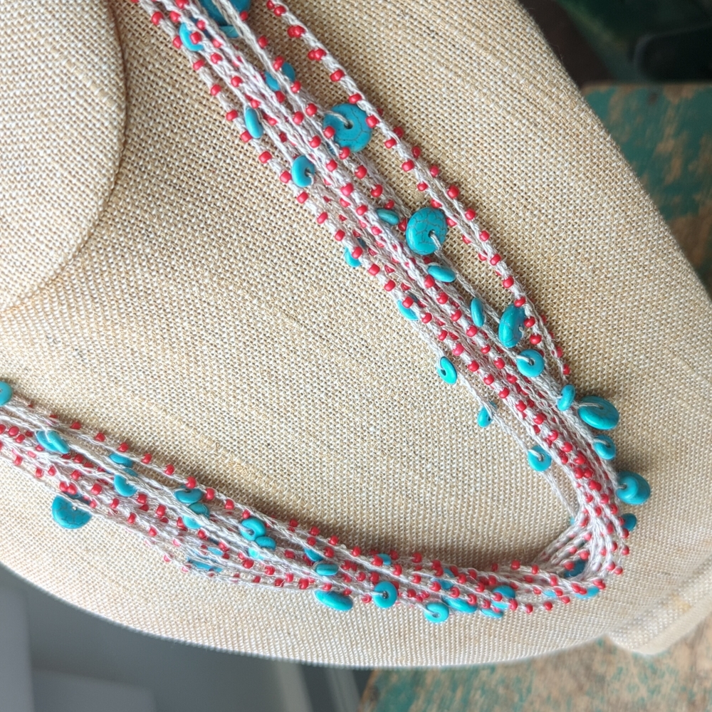 Artist Made NWT Handmade Beaded Turquoise & Red Layered Crochet Bib Necklace